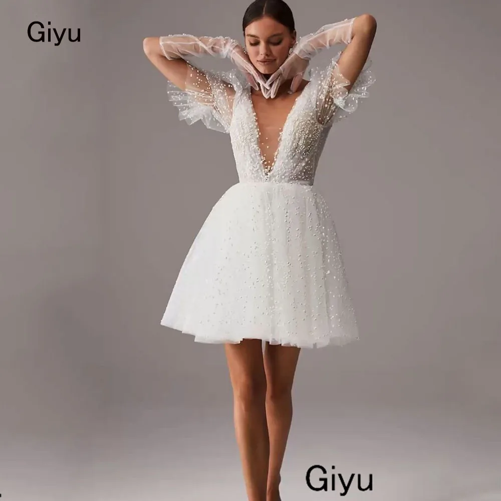 

Giyu Modern Style Deep V-Neck Mini Wedding Dress 2024 Backless A-line Short-length Above The Knee Birthday Party Dress