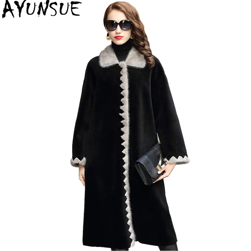 

AYUNSUE 2020 Luxury Real Wool Fur Coat Female Sheep Shearing Coats Natural MInk Fur Trim Collar Long Winter Jacket Women 1821C