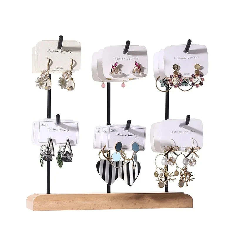 Earrings Jewelry Display Stand Wooden Base Steel Organizer Necklace Ring Jewelry Storage Rack Hook Up Holder Boxes Store Decor