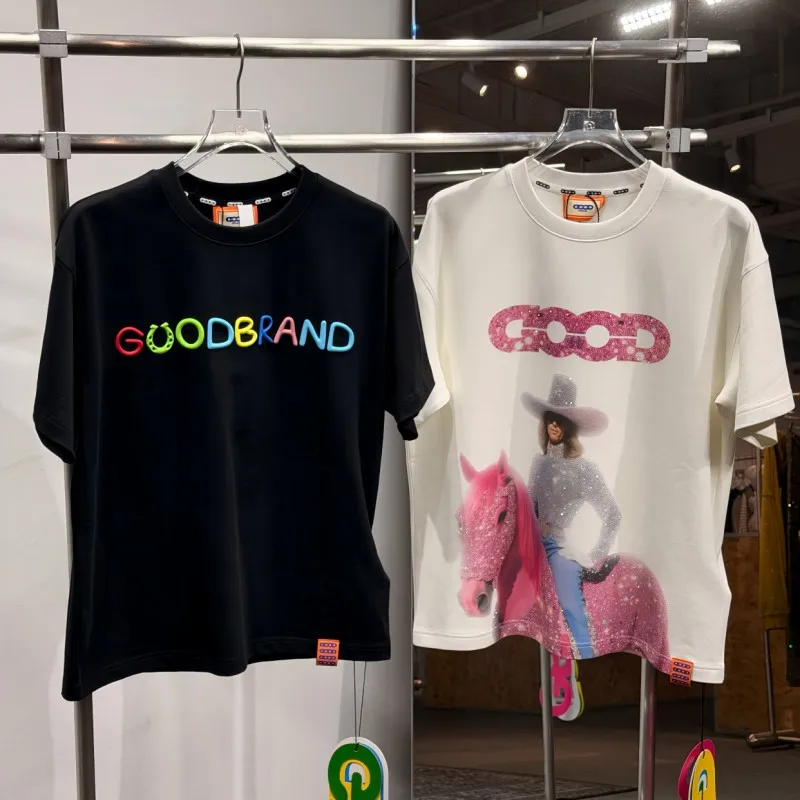 Футболки GOODBRAND с принтом «Год Лошади», размер 2XL, летние, с полным декором стразами, розовые, в ковбойском стиле, из хлопка, с коротким рукавом, для мужчин и женщин, повседневная одежда