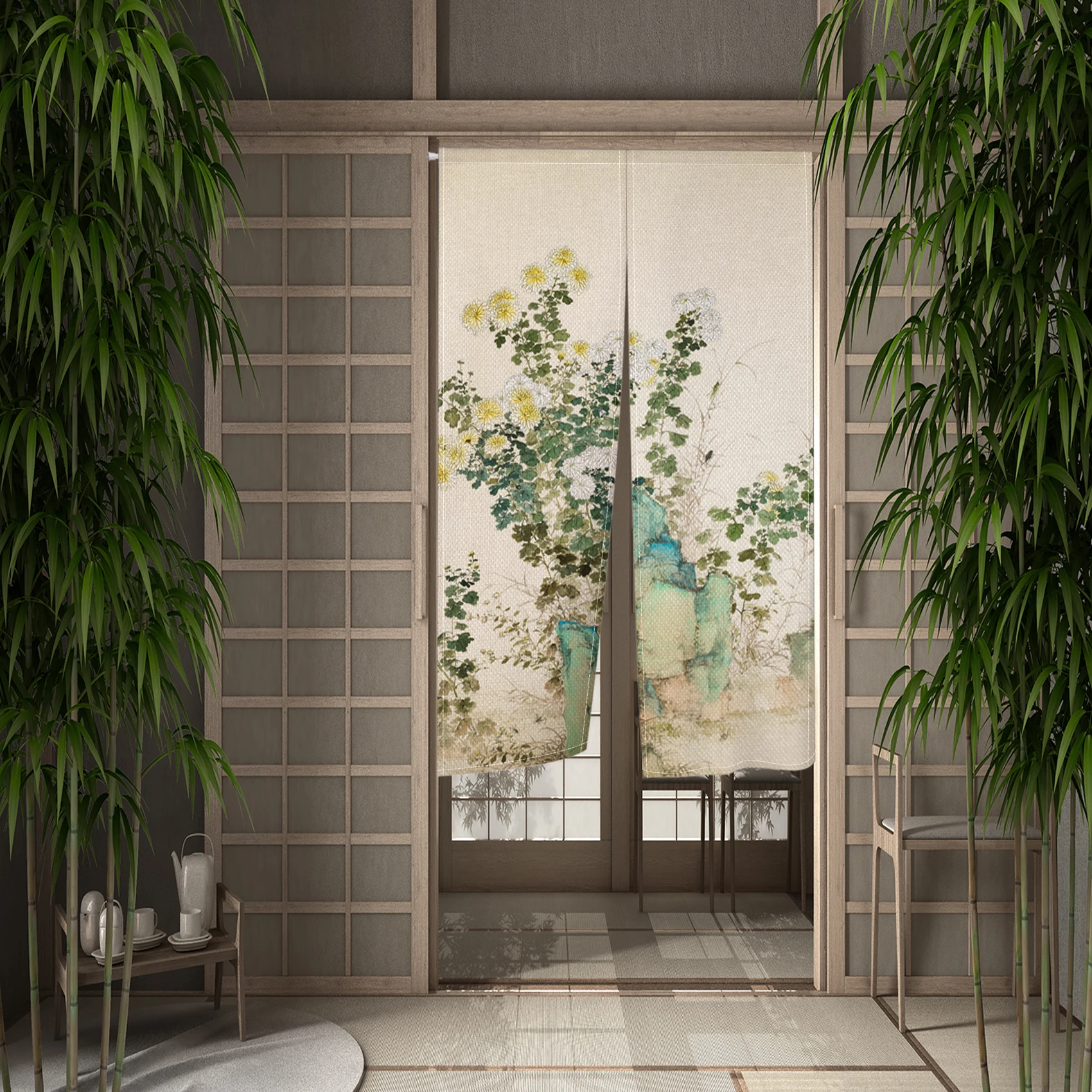 Golden Leaves Flowers Door Curtains Art Japanese Doorway Living Room Partition Curtains Drape Entrance Hanging Half-Curtain Prop