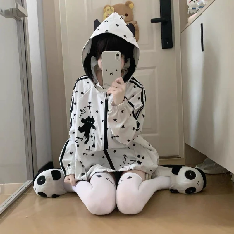 Harajuku Kawaii Y2K Subculture Women Black Cat Ear Star Print Long Sleeve Hooded Thin Sun Jacket Oversized Fit Daily Outfit