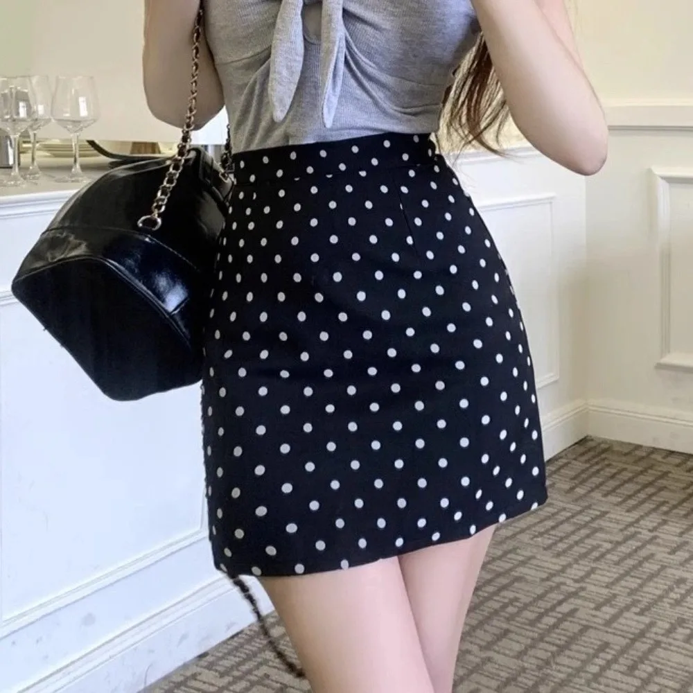 Falda corta Polkatdot de cintura alta, colocación superior, medio deslizamiento de puntos negros/albaricoque, estilo coreano Ins, vestido ajustado de corte a con lunares para mujer