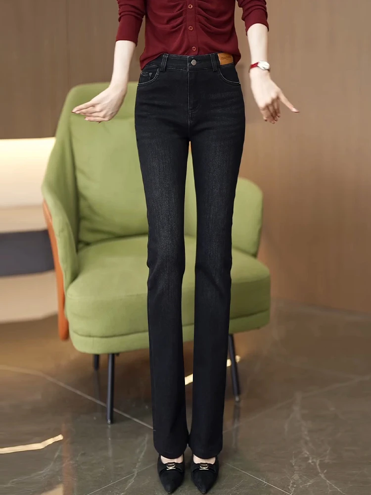 

Джинсы с высокой талией, облегающие, расклешенные, женские, черные, из денима, весна-осень, новый стиль, корейский стиль, удобные, дышащие, хлопковые