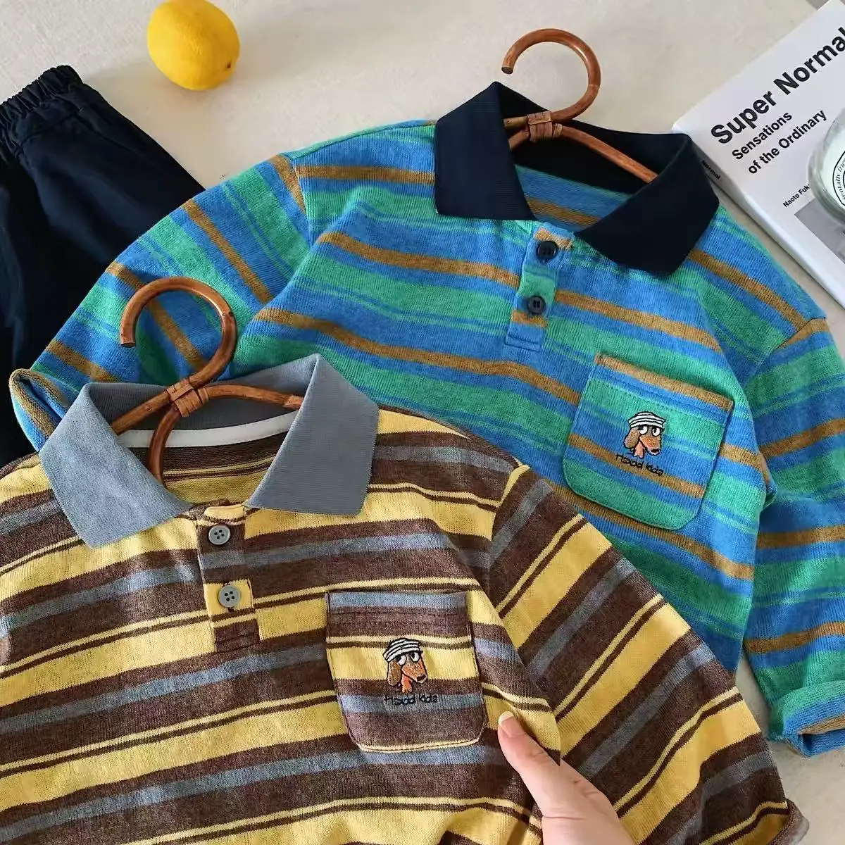 Frühling Herbst Neues gestreiftes Poloshirt für Kinder, Jungen und Mädchen, Oberteil mit Welpen-Tasche, Baby-Langarm-Basic-T-Shirt, modisch und gut aussehend – Detail 6