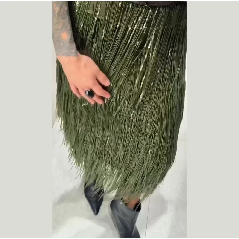Women's Olive Green Sequin Fringe Midi Skirt Sparkly Tassel Party Skirt for Evening Clubwear 2025 Festival New Sexy Lady Skirts