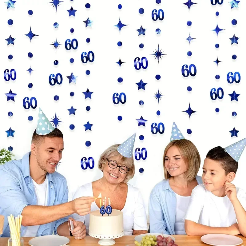 Décorations bleues pour 60e anniversaire, numéro 60, guirlande d'étoiles scintillantes, bannière, toile de fond pour fournitures de fête de 60e anniversaire  15