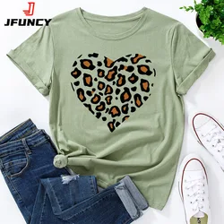 JFUNCY Oversized Women Cotton Tshirt Leopard Love Graphic Print Loose Tees Shirt Short Sleeve Woman T-shirt Summer Female Top