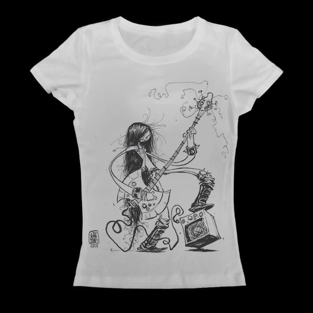 Punk Rock Women Long Sleeve T‑Shirt Guitar Music Girl Sketch Print Y2K Slim Fit White Casual Cropped Tee Top