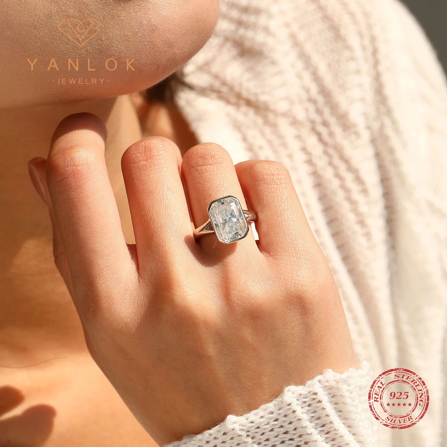 YANLOK D Color Moissanite 925 Sterling Silver High-end Rectangle Finger Rings For Women Wedding Engagement Jewelry