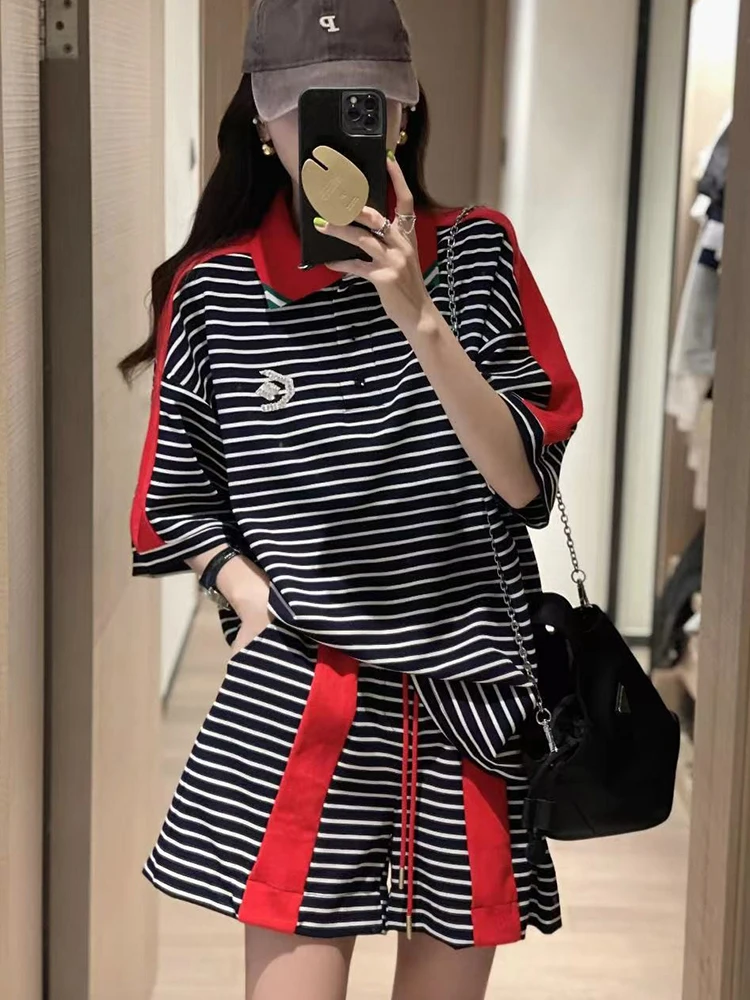 Striped Casual Sports Suit Womens Short Sleeves 2 Piece Sets Women Outfit 2024 New Vintage Stitching Top Shorts Suits Y2K Street