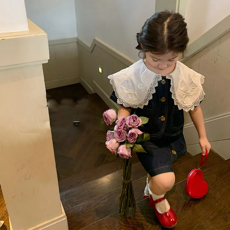 2022 Summer Girls Fashion Denim Suit Lace Edge Large Lapel Short-Sleeved Top +Denim Skirt Children\'S Clothing Sets For Girls