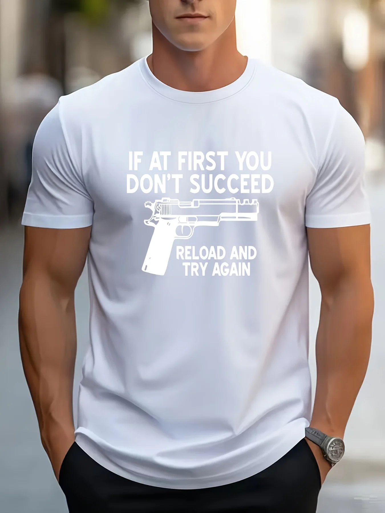 

Men's Gun & Letter Print T-Shirt - Casual Crew Neck, Soft Cotton Blend, Summer Streetwear