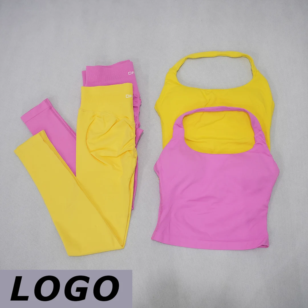 DF-LOGO Women U Neck Seamless 2PCS Yoga Outfit High Waist Butt Lifting Biker Shorts Soft Elastic Sportswear For Pilates Gym