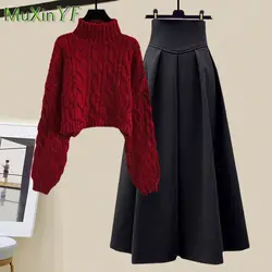 Women's Autumn Winter New Fashion High Neck Knitted Sweater Suit Korean Elegant Long Sleeve Pullover+High Waist Dress Two Piece