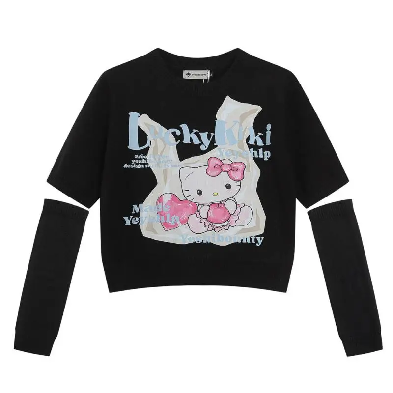 Sanrio Clothes Hello Kitty Sweater Sleeves Short Knitted Sweater Girls Autumn High Street Hip-Hop Casual Round Neck Sweater Top