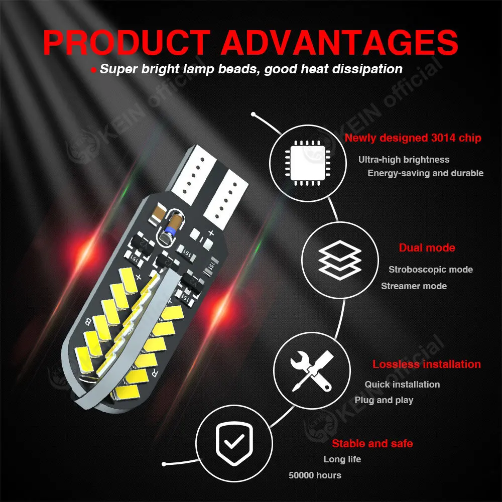 KEIN 2PCS T10 Led Running Horse Flash Strobe W5W 194 168 Car Parking Wedge Clearance Tail Lights White Red Colorful Bulb Lamp
