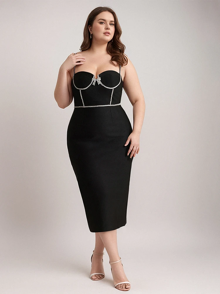 

Elegant Spaghetti-strap Black Rhinestone - Embellished Midi Bandage Dress Cocktail Party Formal Dinner Evening Gown