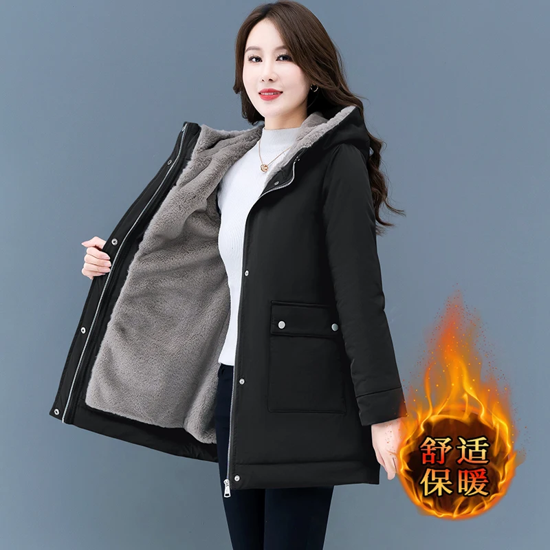 2024 Autumn Winter New Velvet Thick Warm Jacket Women\'s Korean Loose Cotton Hooded Coat Solid color Casual Female Parkas Outwear