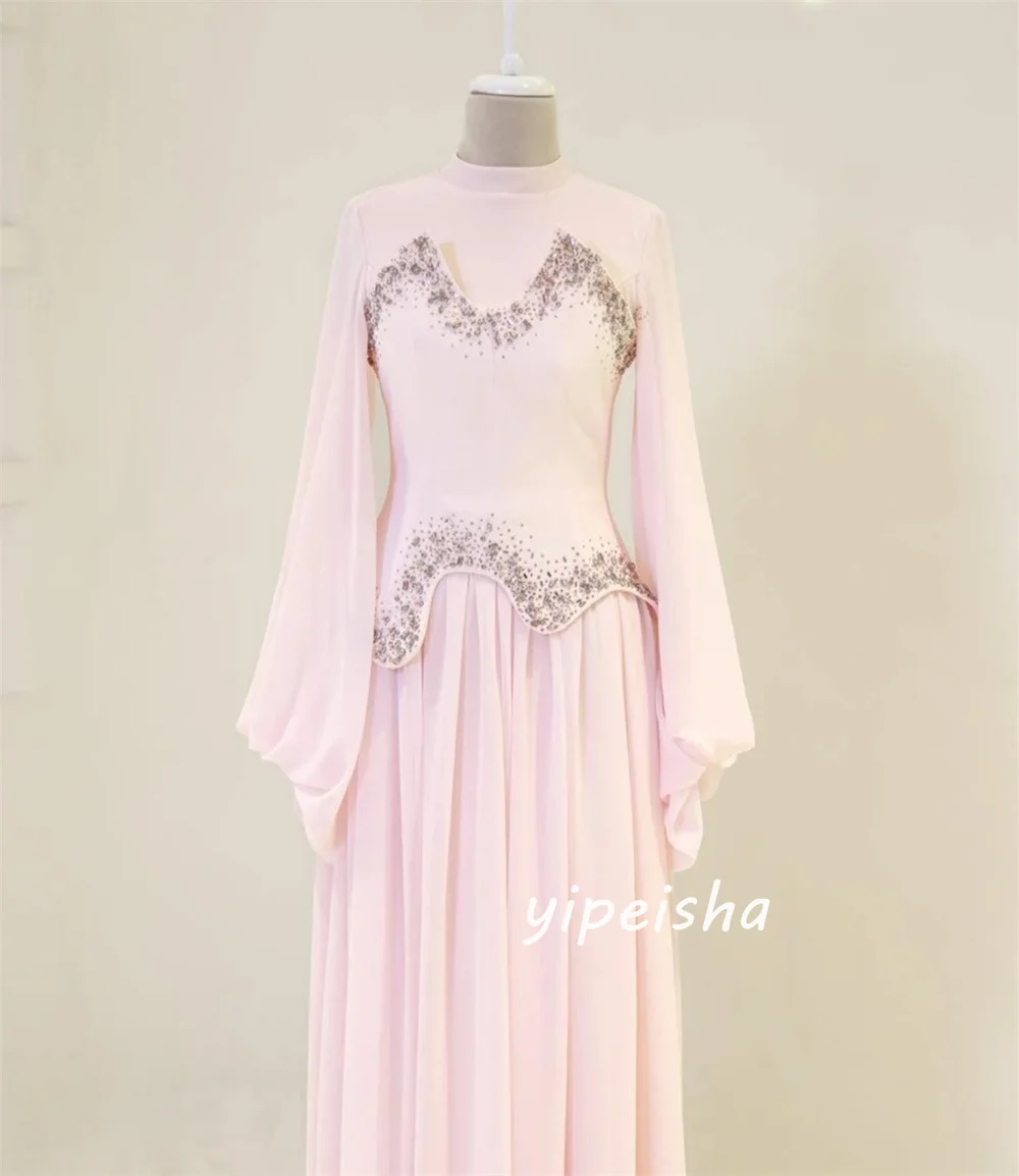 Customized Matching Fashion Burgundy Jersey Beading Sequined A-line High Collar Floor-Length Evening Dresses for Woman