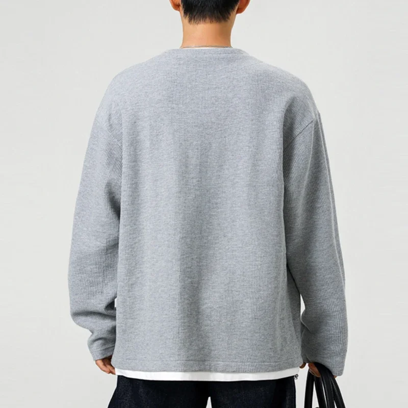 Men Casual Loose‑Fit Waffle Knit Fake Two‑Piece T‑Shirt Long‑Sleeve Notch V‑Neck Drop‑Shoulder Daily Pullover Tops image 4