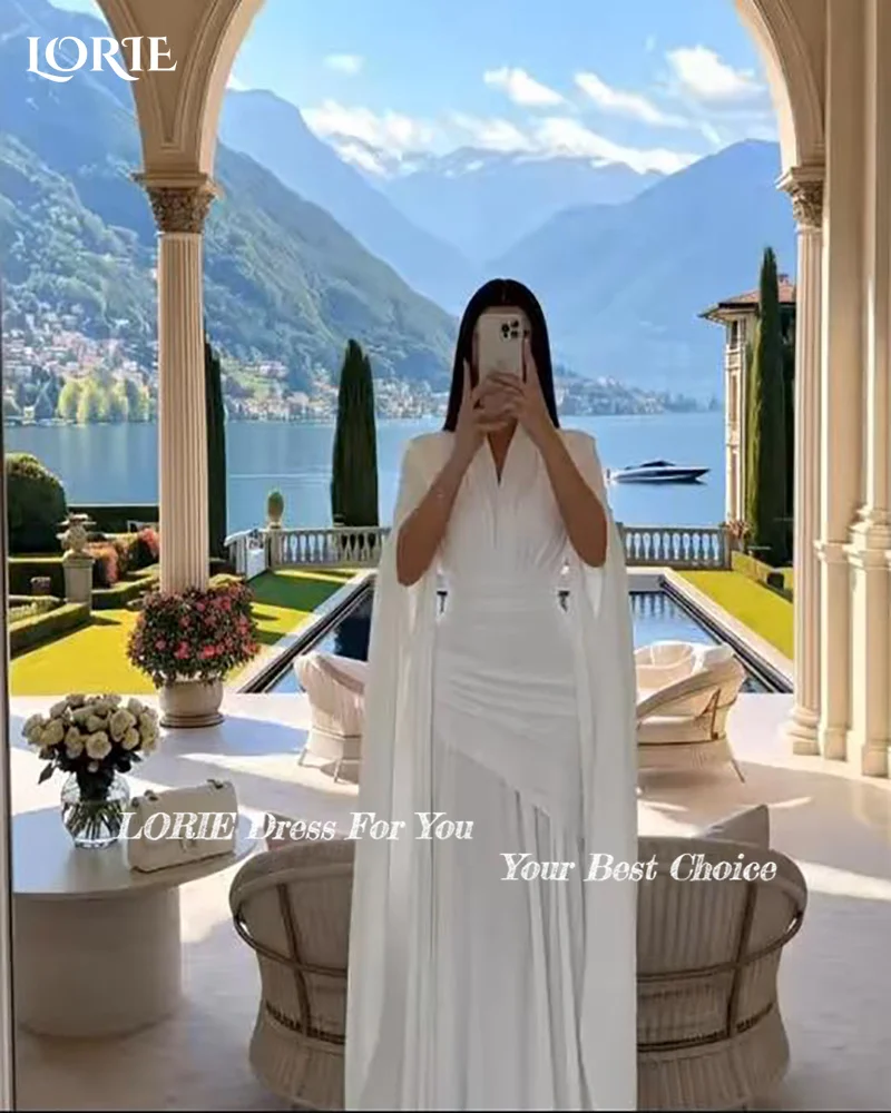 LORIE Shawl Church Wedding Dress V Neck Long Sleeve A-line Mermaid Muslim ivory Bride Gown Chiffon Customized Corset Bride Dress