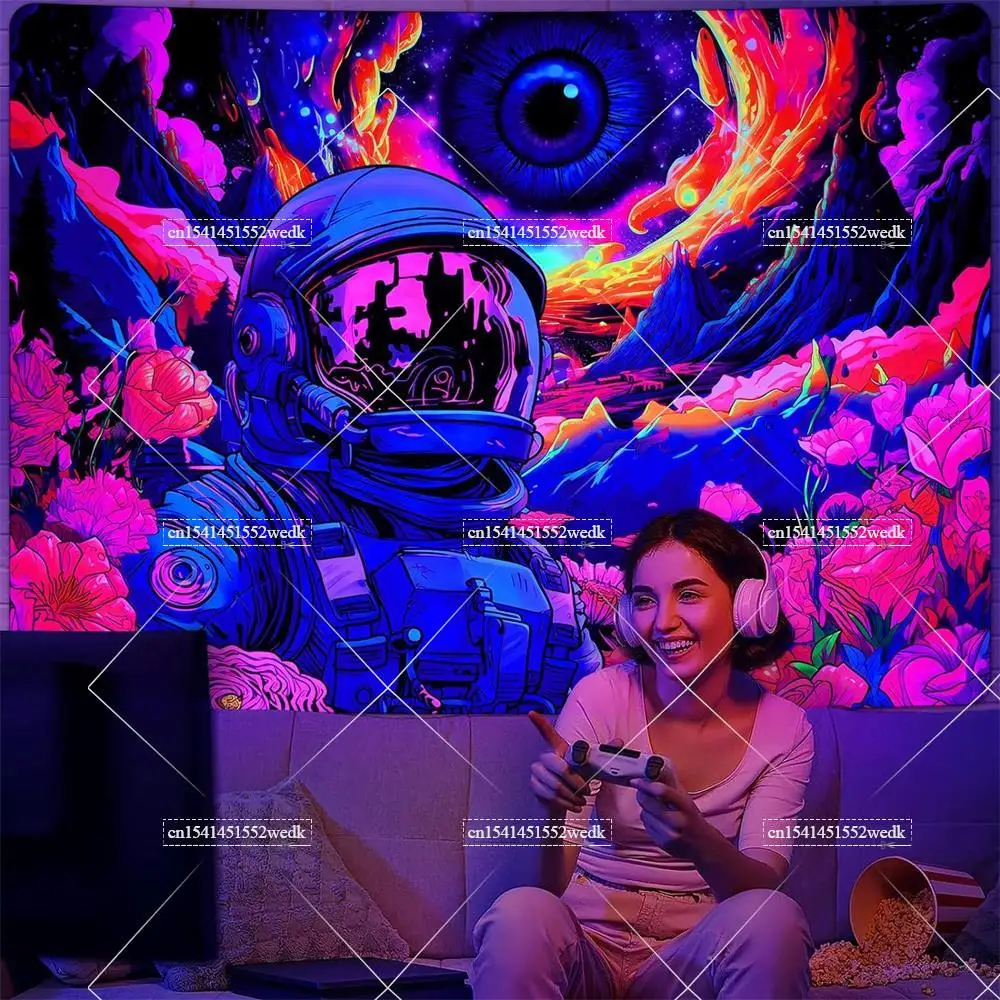 Blacklight Astronaut Tapestry Hippie Eyes Tapestry UV Reactive Flowers Plants Tapestry Neon Galaxy Space Wall Hanging For Room