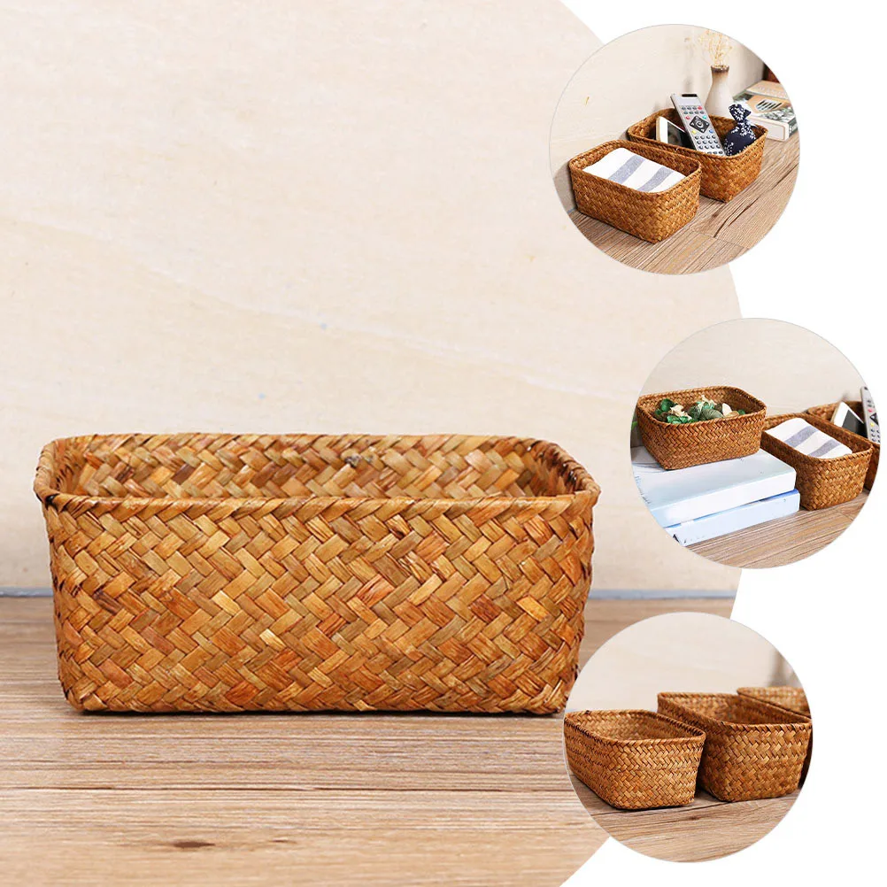 

Natural Seagrass Large Woven Storage Basket Desktop Organizer Box Sundries Makeup Storage Case for Cosmetics Woven Basket