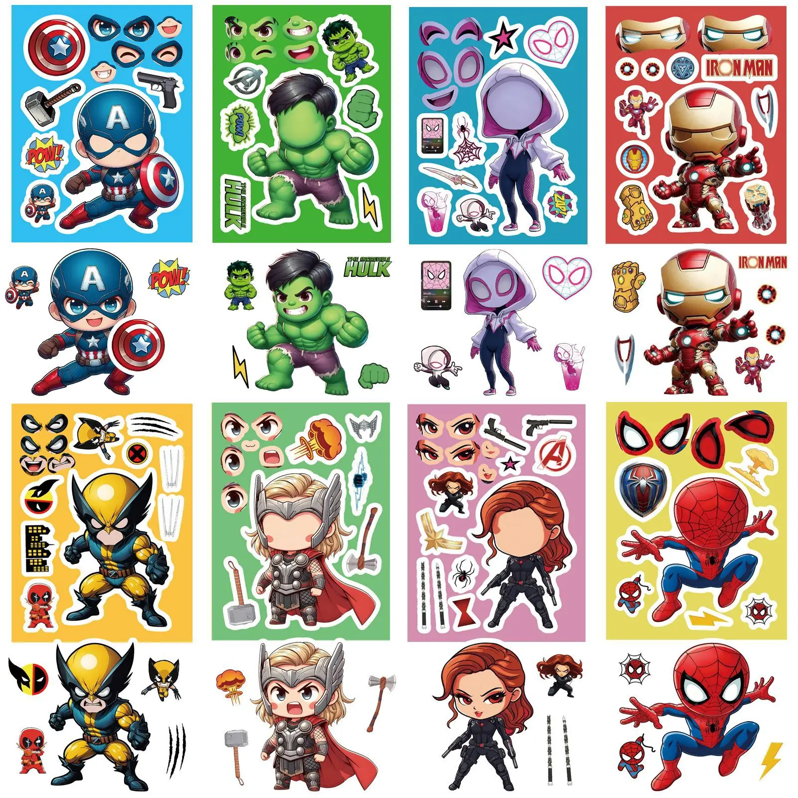 

8/16Sheets Disney Marvel Super Heroes Puzzle Sticker Cartoon Q Version Cute Graffiti for Water Cup Stationery Box Guitar Desk
