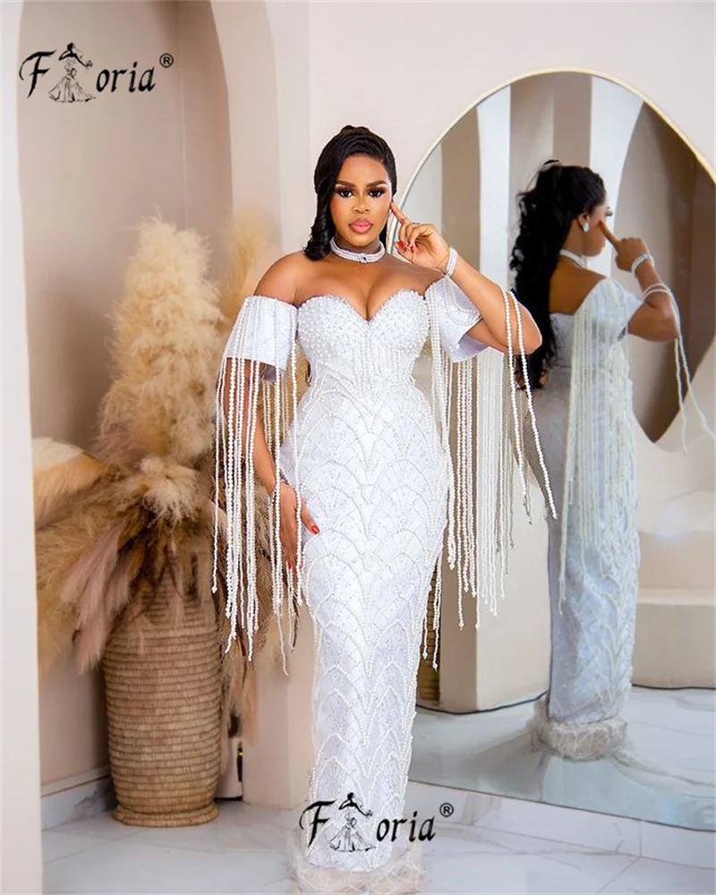 Elegante große Perlen Perlen Dubai Meerjungfrau Abendkleid Elfenbein von der Schulter Quasten Aso Ebi Frau Abschluss ball Party Kleid Robe de Soiree