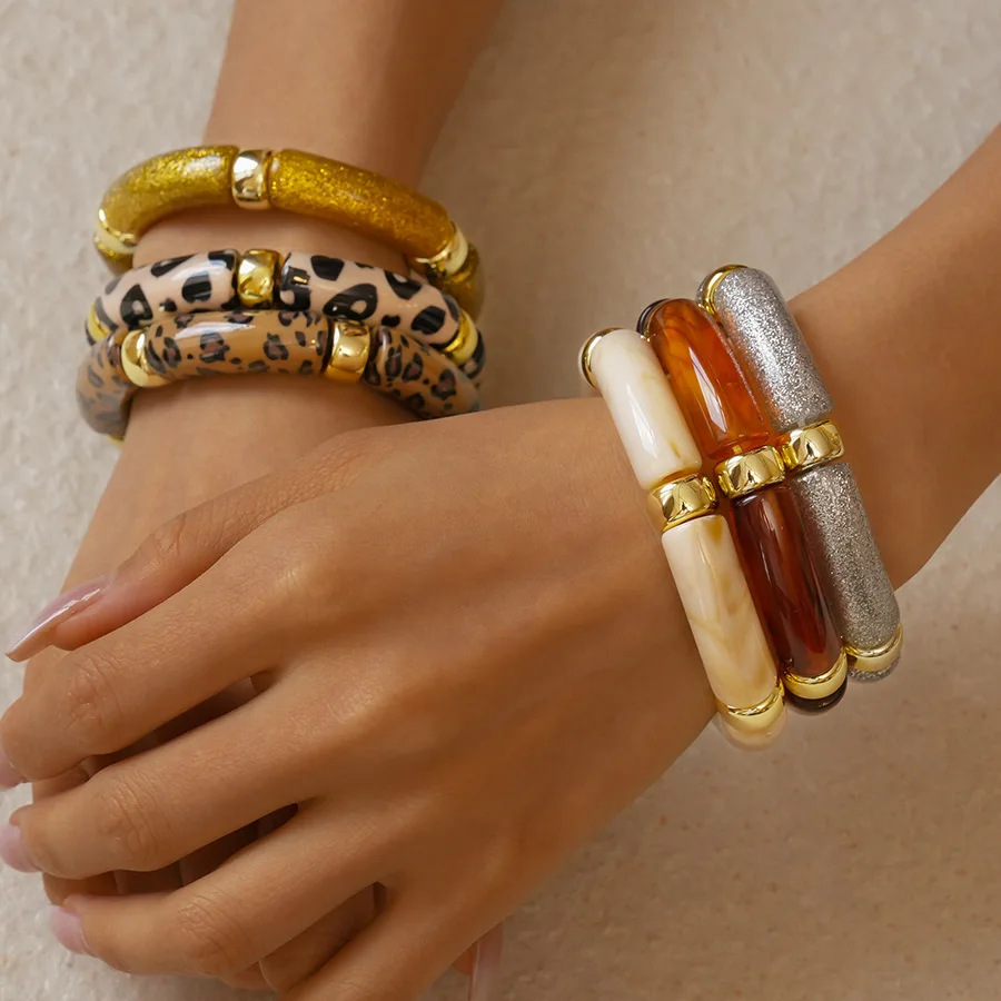 Multi-style Leopard Print Bamboo Tube Acrylic Stretchy Bracelets for Women Men Retro Resin Beaded Bangles Stack Jewelry Gift K1 image 5
