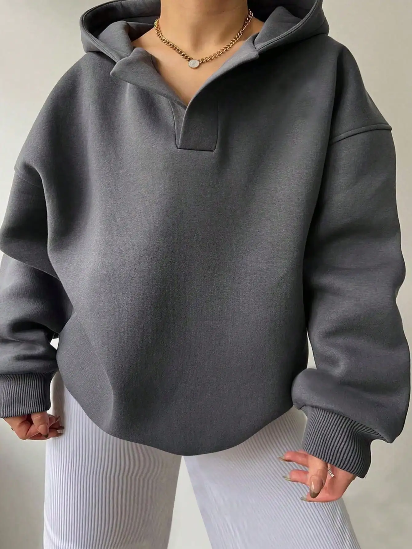 

Oversized Drop Shoulder Hooded Sweatshirt with V-Neck Detail, Solid Gray