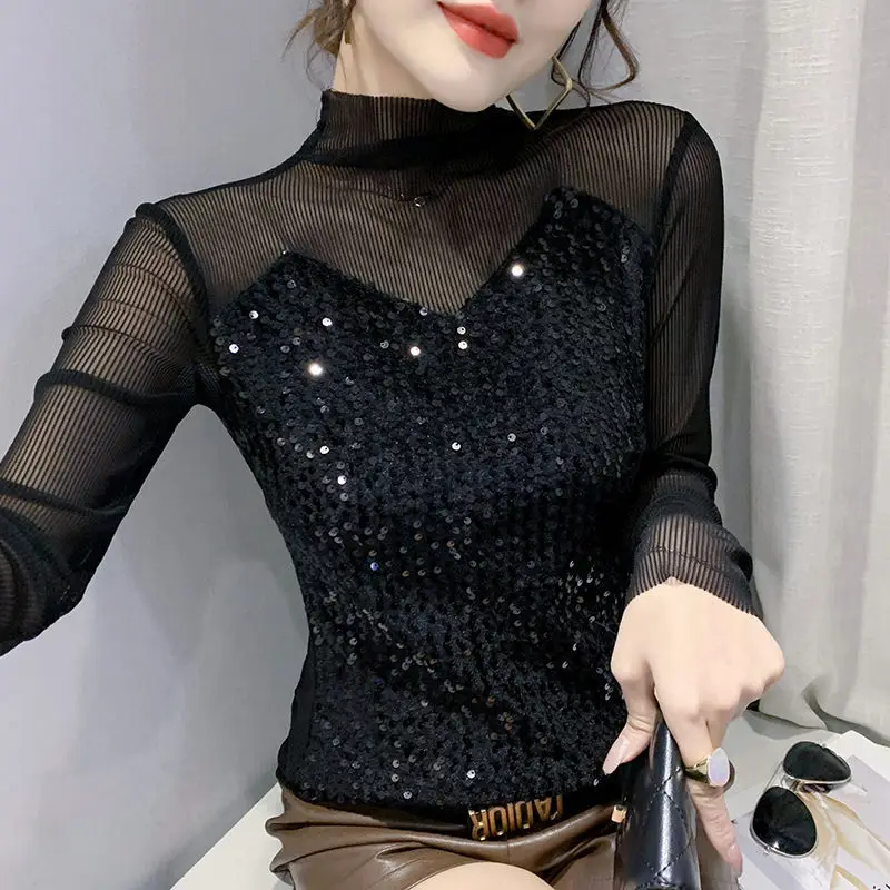 Fashion Stand Collar  Gauze Spliced Sequined Blouses Women\'s Clothing 2023 Autumn Winter Loose Elegant Tops Office Lady Shirts