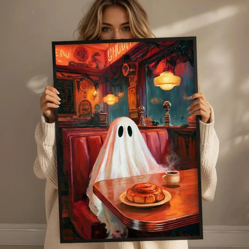 Ghost in Retro Diner with Coffee and Cinnamon Roll Wall Art Print Vintage Spooky Halloween Scene Home Decor Unframed Canvas