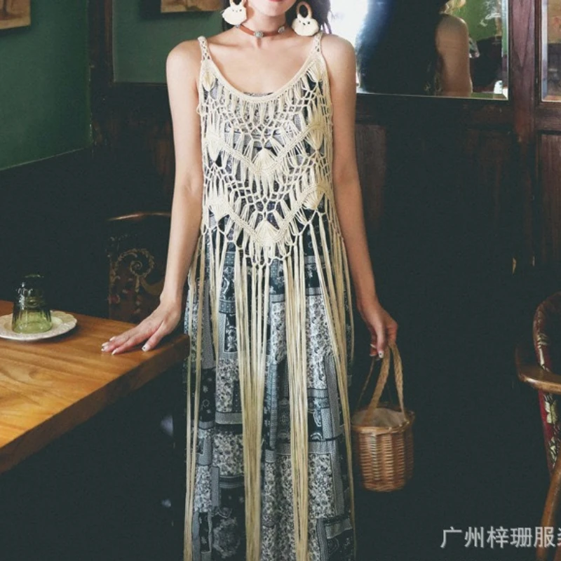 

Tanks Sling Dress Women Long Dresses Camis A Line Vestidos Beach Streetwear Hollow Out Sleeveless Elegant Tassel Y2k Summer 2025