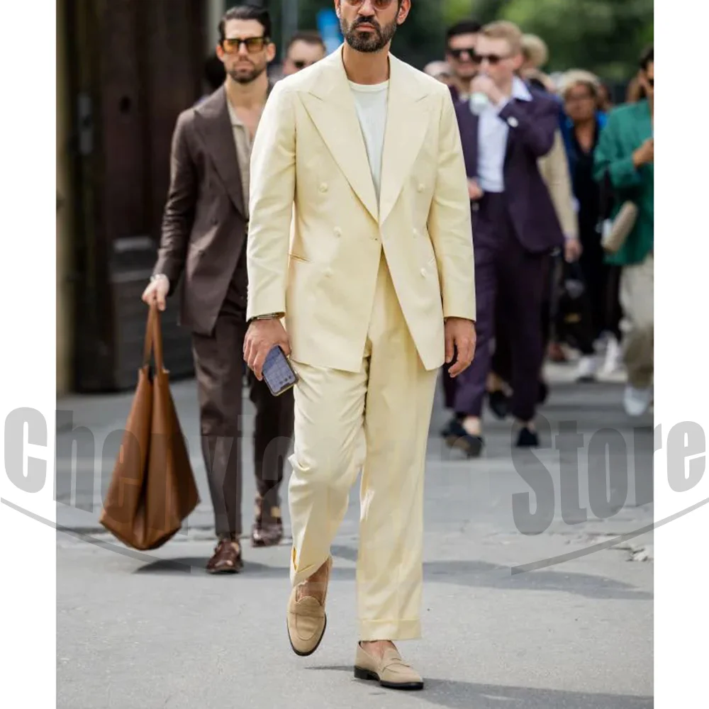 

Fashion Men Suits 2 Piece Set Double Breasted Peak Lapel Wear Solid Color Party Prom Groom Wedding Tuxedos (Blazer+Pants)