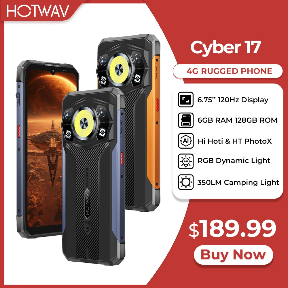 HOTWAV Cyber 17 Rugged Smartphone Android 16 6.75'' 120Hz RGB Dynamic Light Mobile Phone 350LM 6200mAh 20W 6GB 128GB Cellphone