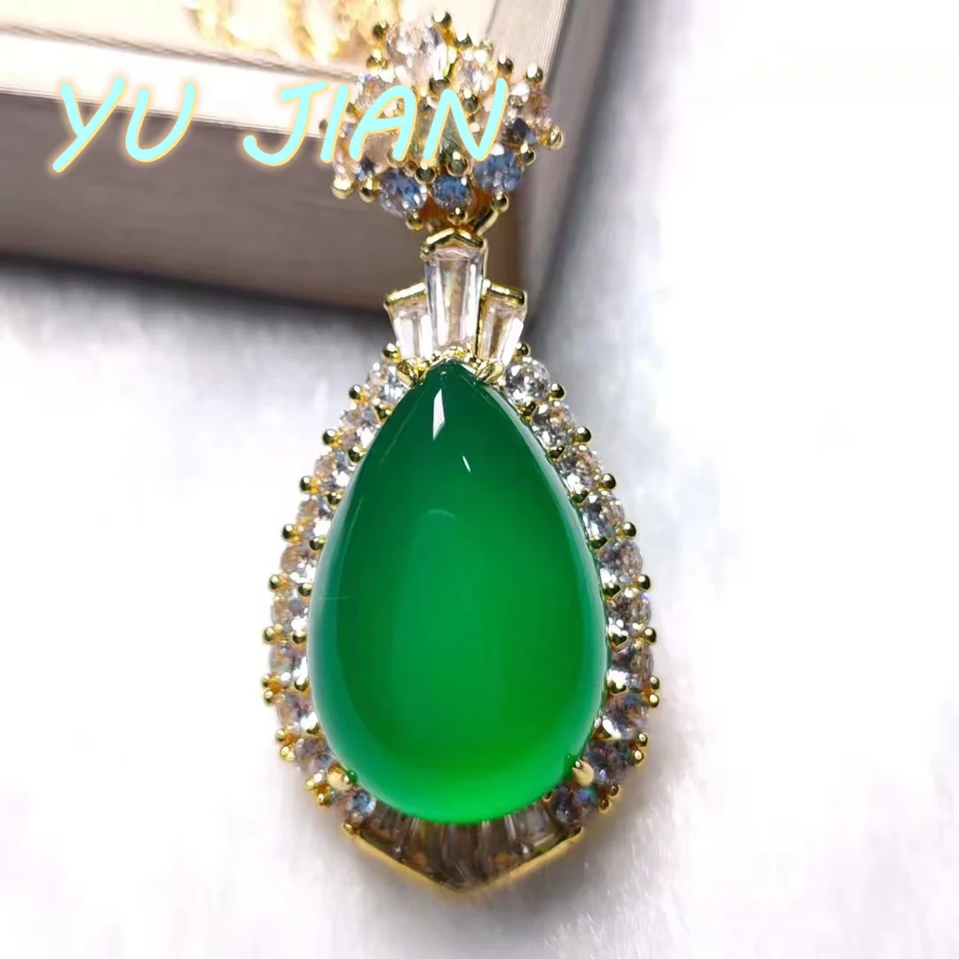 

Water Drop Ice Green Agate Chalcedony Pendant Hand Carved 925 Silver Gold Plated Necklace Sweater Long Chain Fashion Jewelry