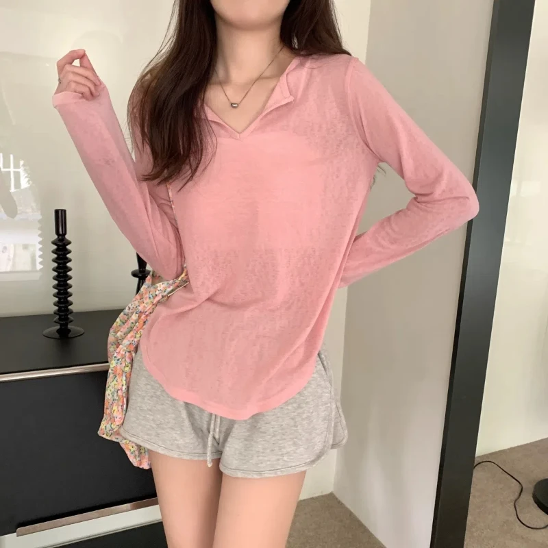 Korean 2024 Summer Women\'s New Patchwork V-neck Fashion Solid Color Minimalist Office Lady Versatile Casual Long Sleeve Tops