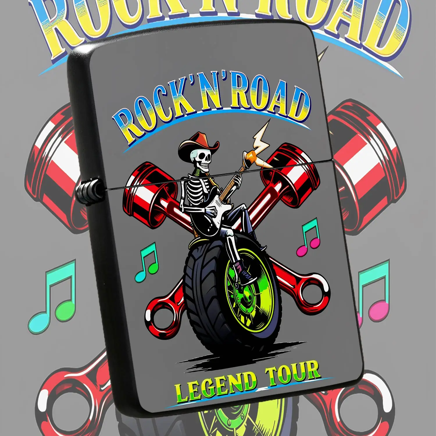 Creative Rock Skeleton Themed Lighter, Rock N Road Legend Tour Printed Stylish Accessory, Portable Unique Decor For Daily Use, Ideal Cool Gift For Rockbiker Enthusiasts, Festival Party Casual Carry Supplies For Indoor O A Humorous And Inter