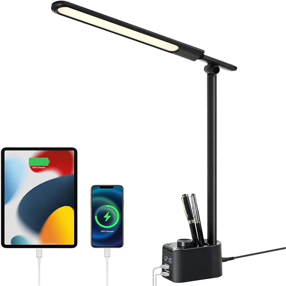 LED Lamp with USB Charging Port, 5 Color Modes,Foldable  Lamp with Clock, Pen Holder, Desk Lamps for Small Spaces Study Reading