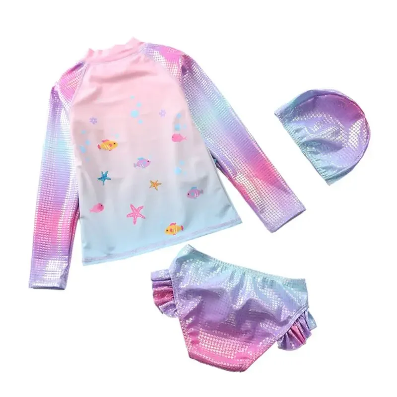 2/3 Pcs Girls Swimsuit Kids Cartoon Pattern Long Sleeve Two-Piece Swimwear Children Sun Proof Bathing Suits Beach Surfing Wear