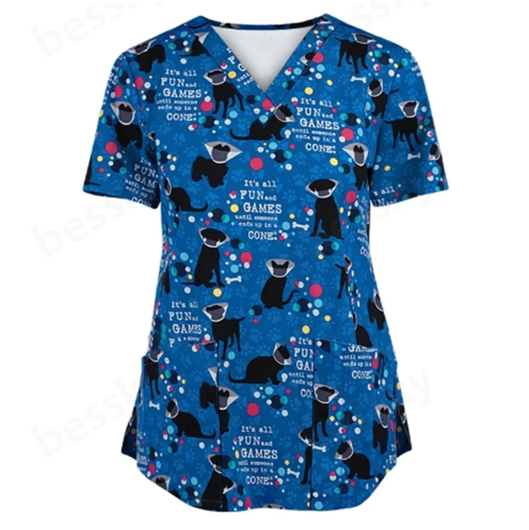 

Ladies Short-Sleeved V-Neck Printed Nurse Coat Professional Medical Scrub Top for Women