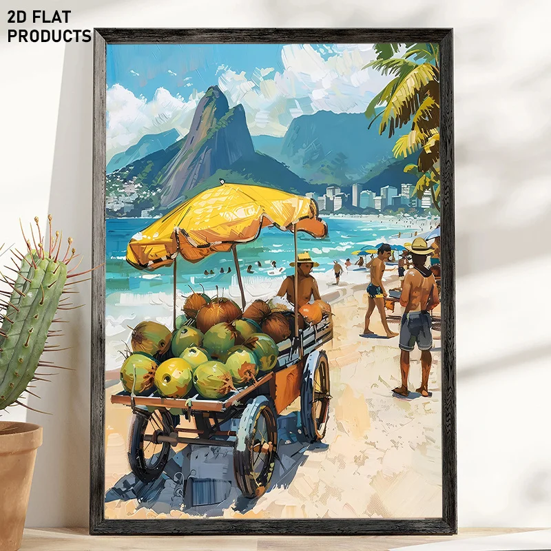 [2D Flat] 1pc, 2D Flat, Multi-Size Frameless Canvas Painting Featuring a Coconut Vendor on Ipanema Beach, Vibrant Wall Art, B