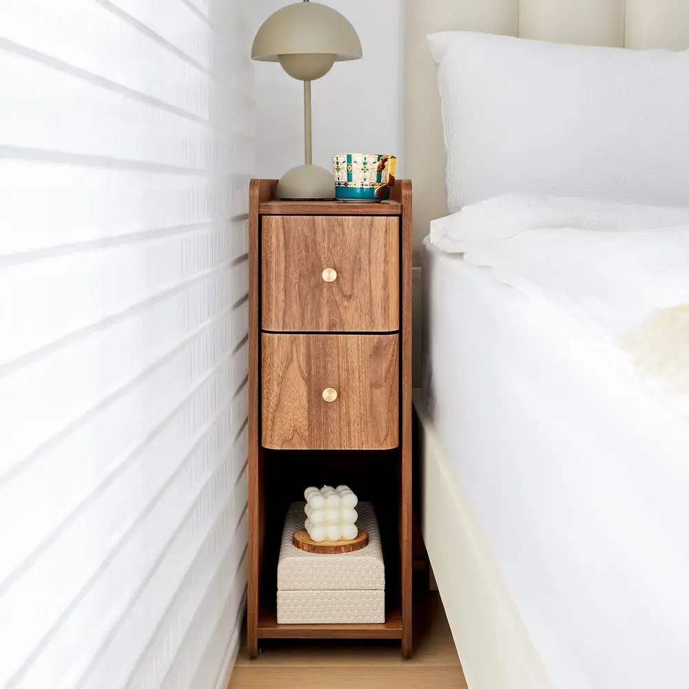 

End Table Bedroom, Wooden Small 2 Drawer Nightstand, Thin Couch Side End Table, Skinny Bedside Table Small Spaces, Mid Century