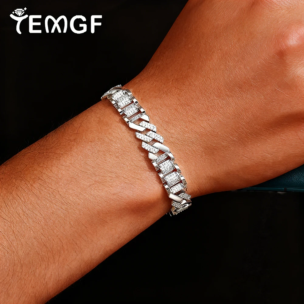 

Кубинские браслеты TEMGF шириной 10,5 мм, стерлинговое серебро S925, толстая цепочка с полным цирконом, ювелирные изделия для мужчин, модный крутой предмет в стиле хип-хоп