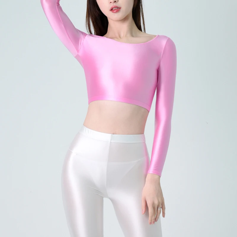 Yaz vücut kadınsı seksi kısa tayt uzun kollu parlak parlak taban gömlek mayo mayo yüksek boyun T-shirt günlük T-shirt üst