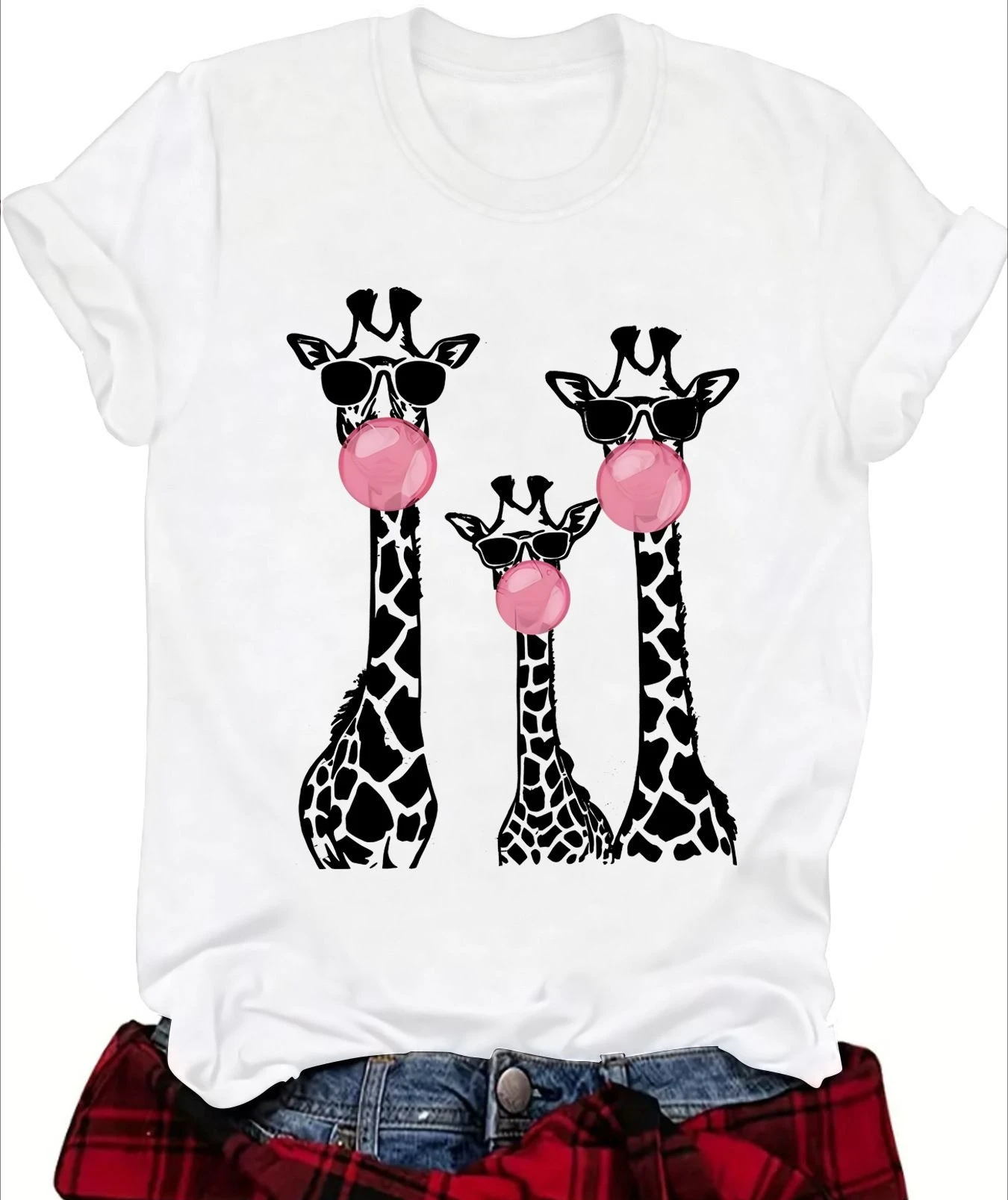 

Three Giraffe-printed Round-neck Loose Short-sleeved Plus-size T-shirts for European and American Summer Women
