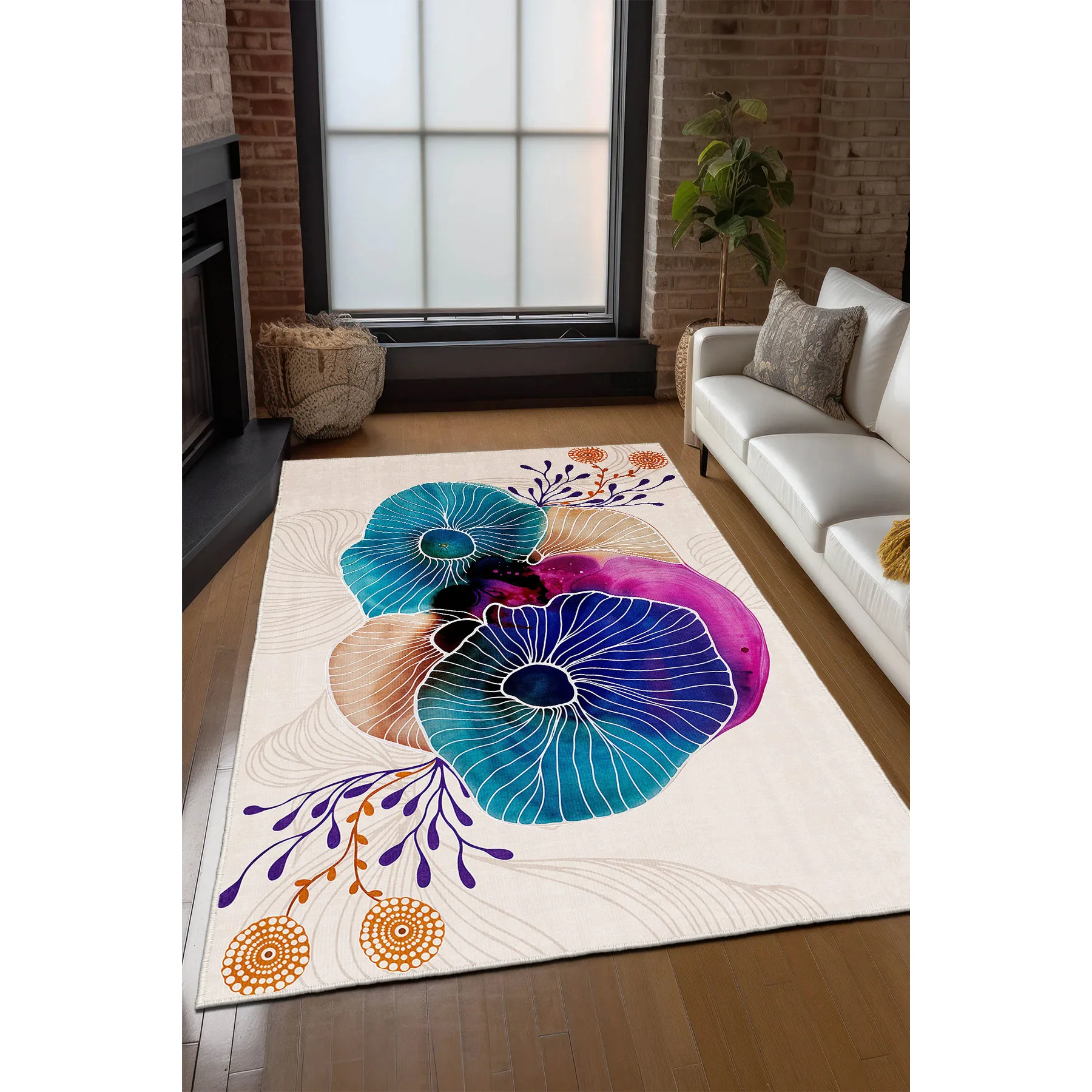 2D Flat Abstract Blue Purple Flowers Modern Art Flannel Area Rug Non Slip Boho Decor Carpet For Living Room Bedroom Floor