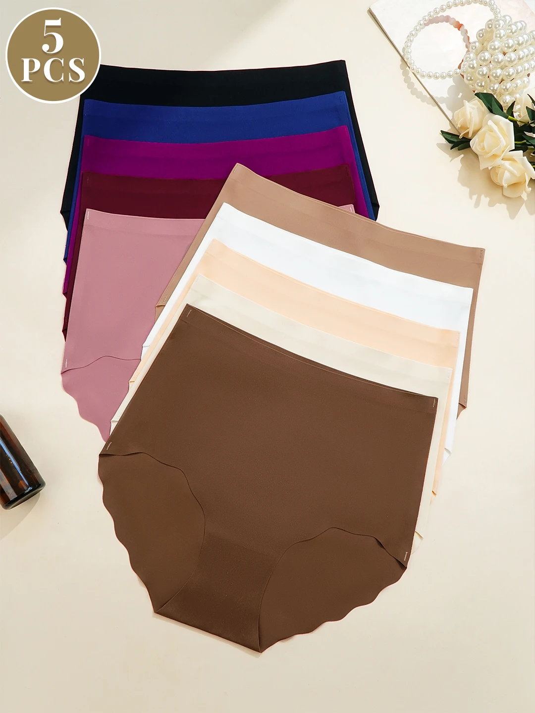 5 Pcs High Rise Scallop Trim Triangle Panties, Breathable Soft No Show Briefs Ladies No Panty Line Knickers, Women's Underwear